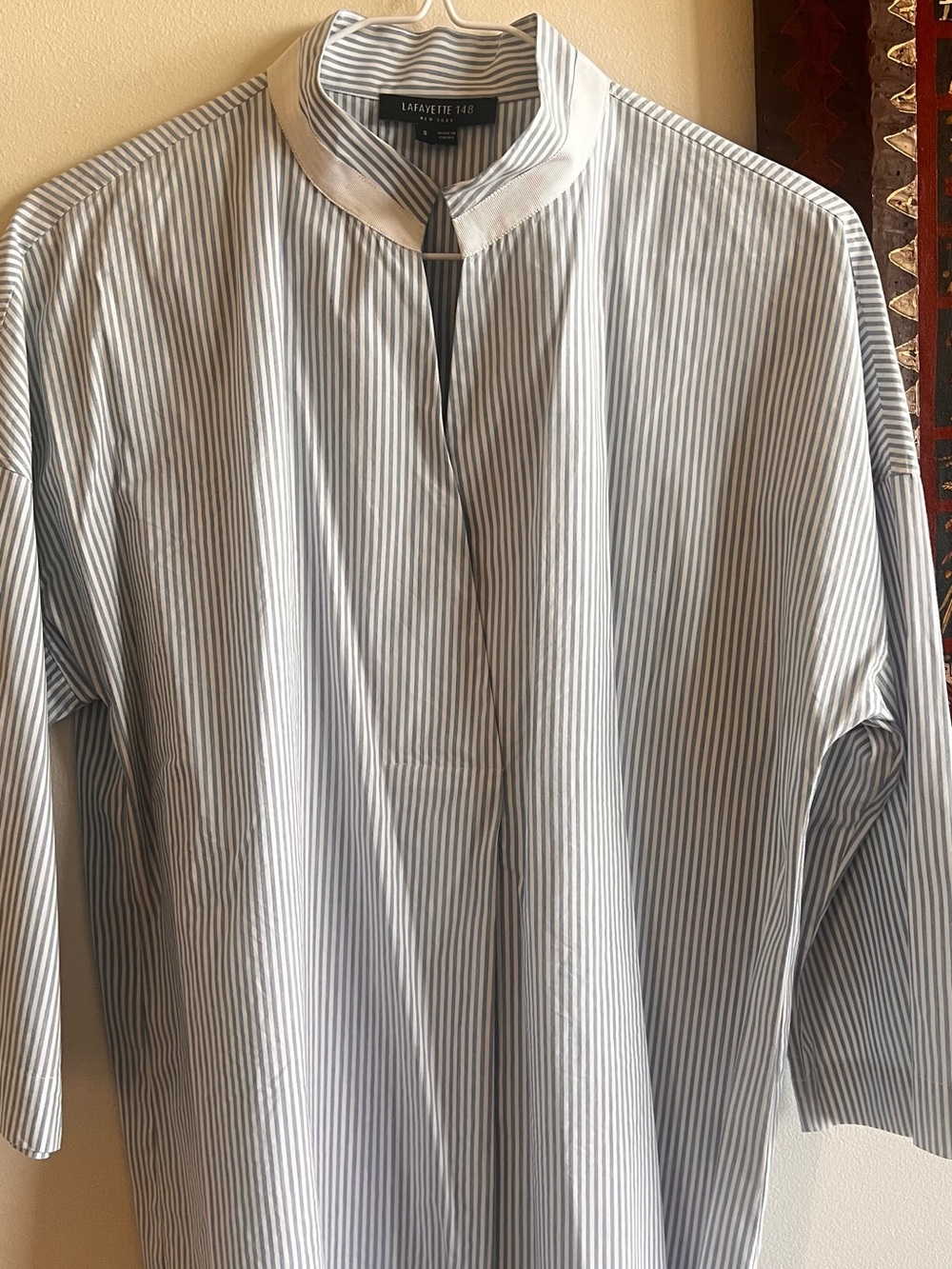 Lafayette 148 New York Blue and White Striped Mandarin-Collar Shirt.